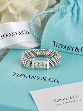 Tiffany & Co. Somerset Mesh 3 Diamond Ring Sterling Silver Rare Retired Size 5